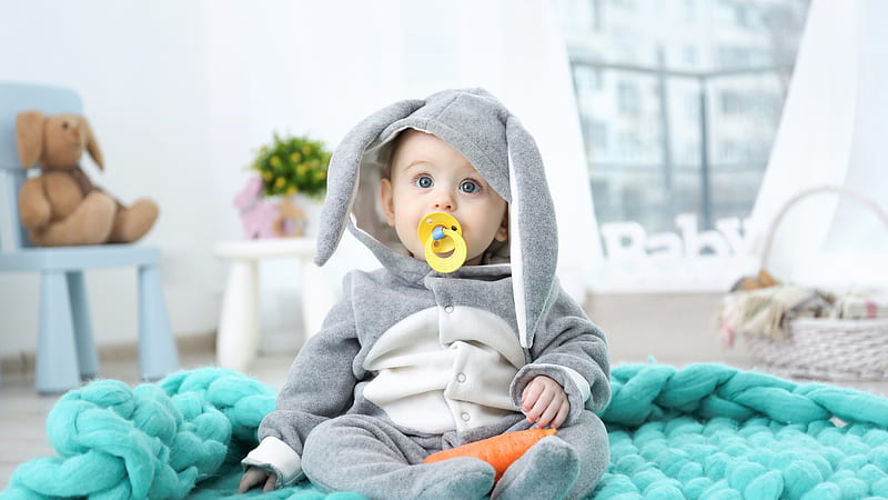 Cute Baby Is Sitting On Blue Color Woolen Mat Having Pacifier In Mouth Cute, HD wallpaper
