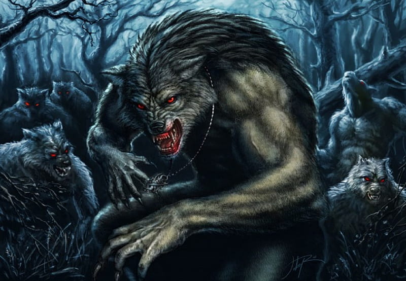 Werewolf Pack, fantasy, werewolves, pack, woods, HD wallpaper