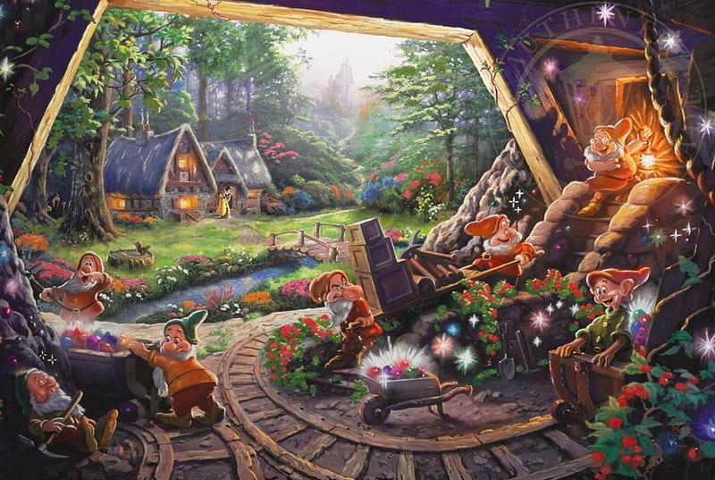 Snow White and the Seven Dwarves, Painting, Disney, Thomas Kinkade, HD wallpaper