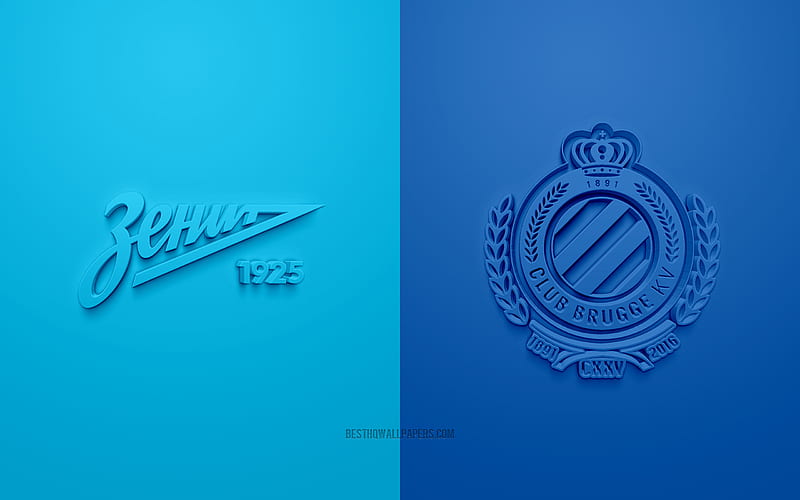 FC Zenit vs Brugge, UEFA Champions League, Group F, 3D logos, blue background, Champions League, football match, FC Zenit, Club Brugge, HD wallpaper