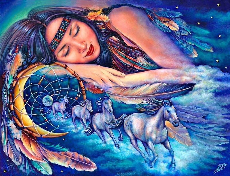 Native's dream, luminos, girl, painting, pictura, native american, horse, dream, blue, HD wallpaper