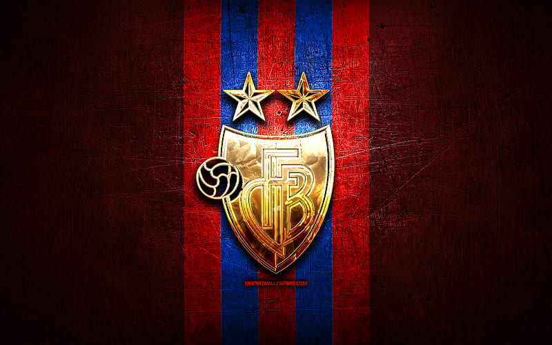 FC Basel, golden logo, Swiss Super League, red metal background, football, Basel FC, swiss football club, Basel logo, soccer, Switzerland, HD wallpaper