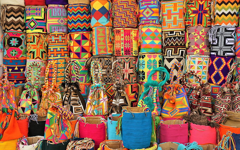 Colorful Bags in Colombia, colors, ornaments, Colombia, bags, decorative art, HD wallpaper
