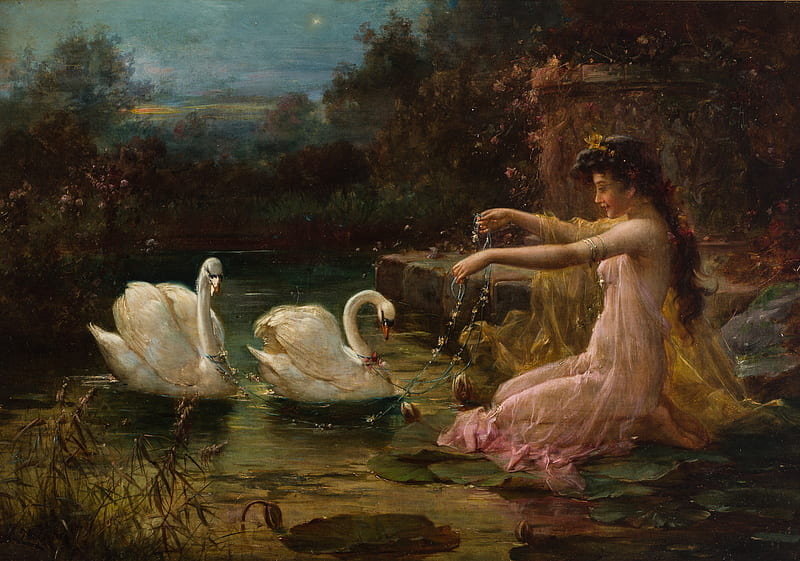 The swan lake, art, water, girl, bird, hans zatzka, swan, pictura, lake, painting, HD wallpaper