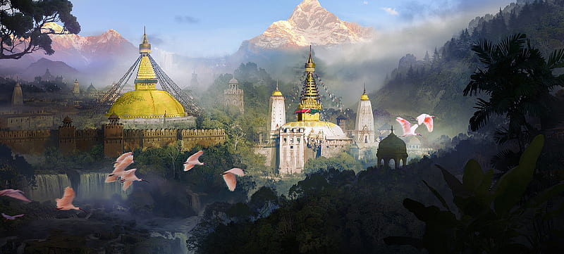 Ancient city, fantasy, bird, zp zhang, luminos, world, art, mountain, pasari, pink, HD wallpaper