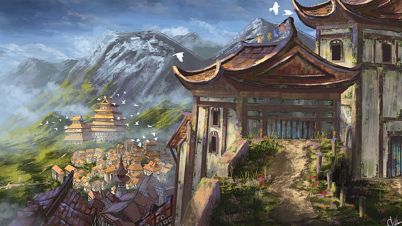 pagoda, temple, building, path, art, HD wallpaper