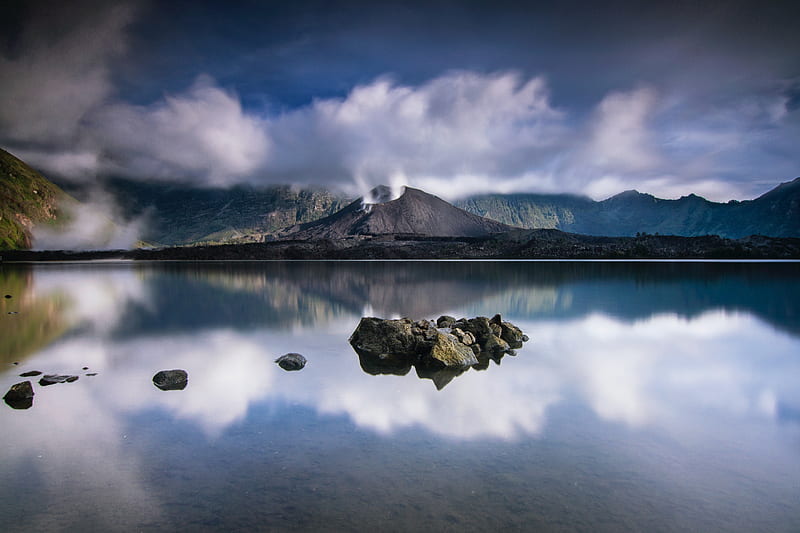 volcano, lake, stones, landscape, HD wallpaper