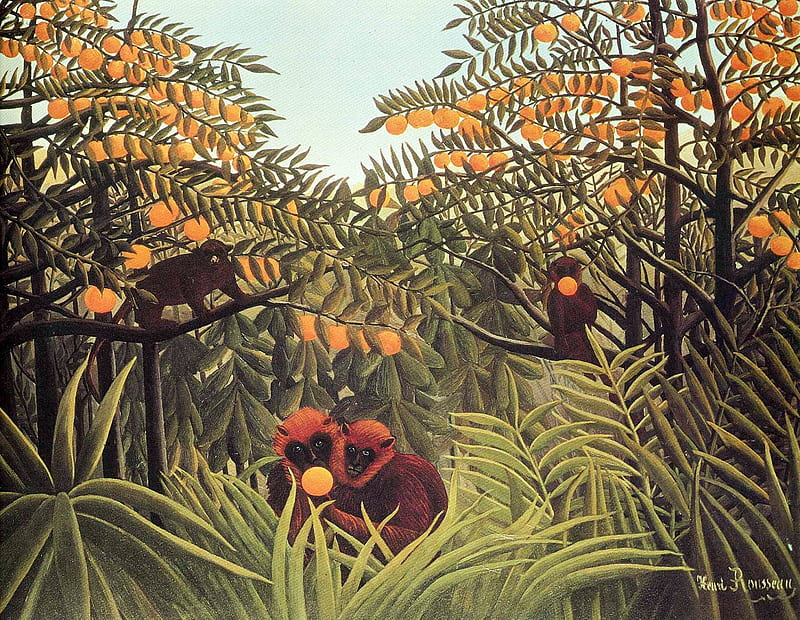 Apes in the orange grove, art, orange, paintin, monkey, fruit, apes, jungle, grove, henri rousseau, pictura, HD wallpaper