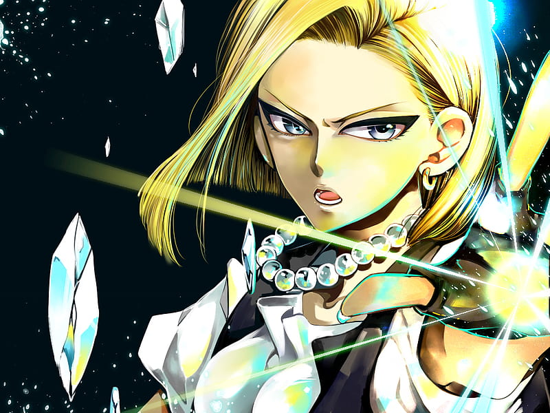 Android 18, dbz, dragonball z, gloves, dragonball, anime, anime girl, blue eyes, female, dragonballz, necklace, earrings, open mouth, blonde hair, pearl necklace, dragonballz kai, android, black background, crystal shards, HD wallpaper