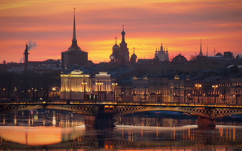 Saint Petersburg sunset, cityscapes, bridges, russian cities, Europe, Russia, HD wallpaper