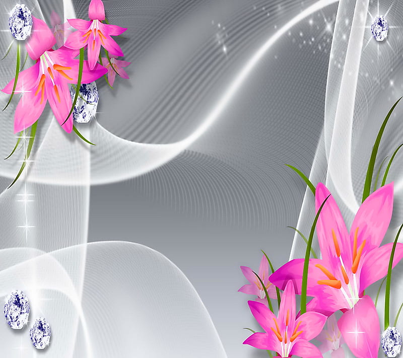 Pink Lilies Diamonds, flower, silver, HD wallpaper