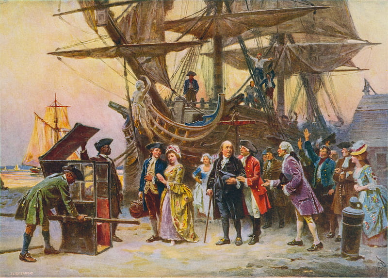 Franklins return to Philadelphia, art, ship, jean leon gerome ferris, people, painting, pictura, HD wallpaper