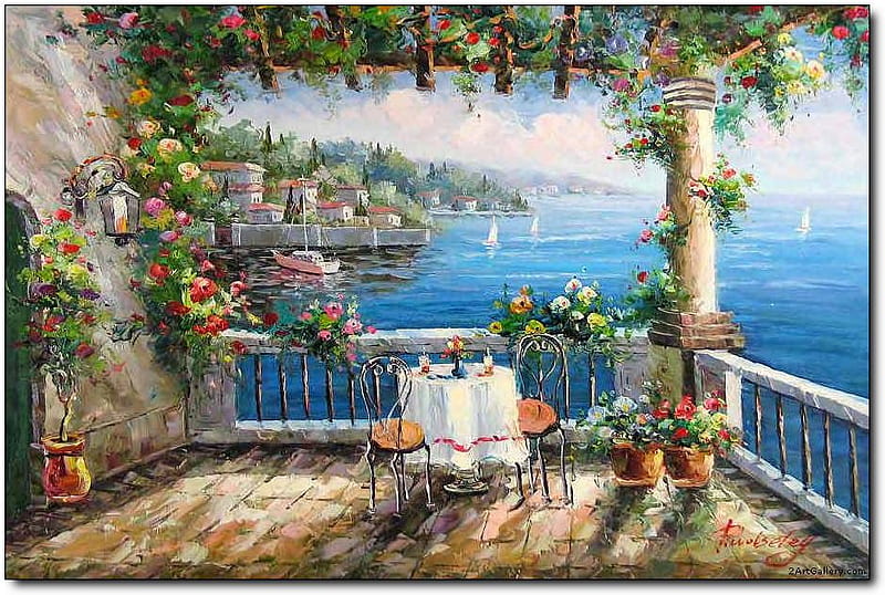My Beloved Balcony, table, scenic, romantic, ocean, setting, love, chairs, flowers, villas, pergola, HD wallpaper