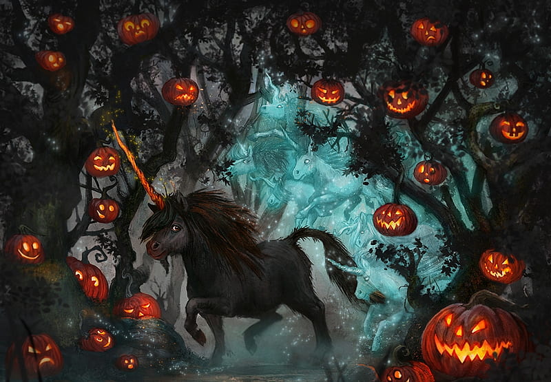 Halloween night, art, luminos, kiri leonard, lantern, unicorn, halloween, black, horse, fantays, lights, fantasy, pumpkin, dark, blue, HD wallpaper