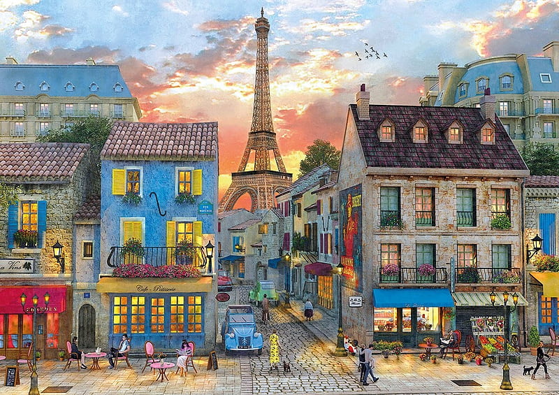 Rues de Paris, art, france, dominic davison, eiffel tower, painting, pictura, HD wallpaper