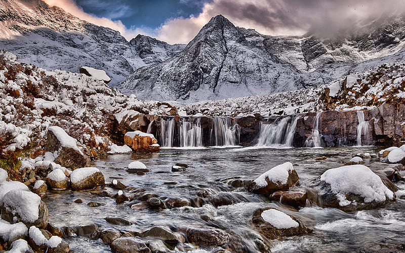 Isle of Skye winter, waterfalls, mountains, Scotland, United Kingdom, beautiful nature, R, HD wallpaper