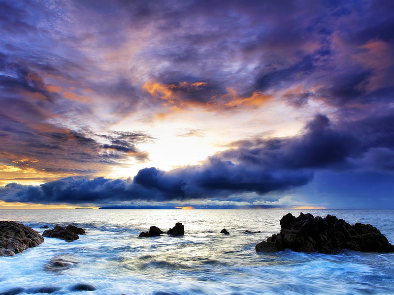 seaside, sky, sea, r, coast, clouds, HD wallpaper