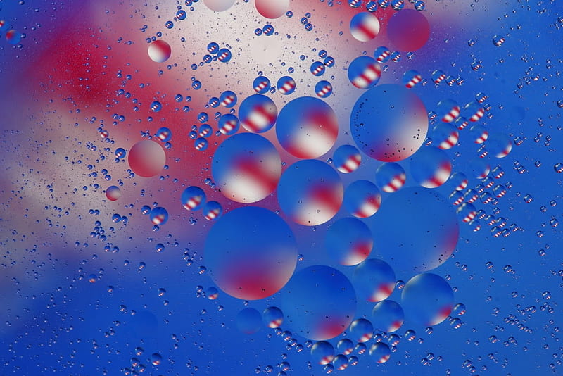 Oil drops in water, red, glass, water, oil, texture, drops, skin, blue, HD wallpaper