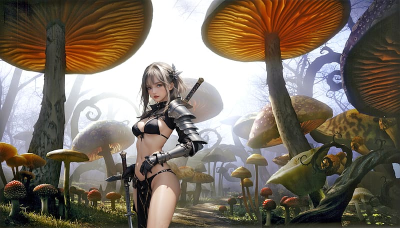 Anime Warrior in a Forest of Mushrooms, bikini, cg, abstract, warrior, mushrooms, HD wallpaper