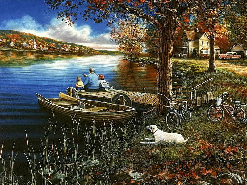 Jim Hansel. Grandfather's history, art, fish, painting, jim hansel, river, dog, HD wallpaper