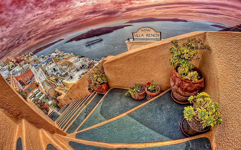 Santorini,Greece, architecture, resort, house, vase, sunset, clouds, flowers, beauty, luxury, lovely, romance, holiday, houses, town, buildings, sky, building, paradise, vases, santorini, ships, greece, colorful, stairs, bonito, villa, sea, city, romantic, view, colors, ship, peaceful, summer, nature, HD wallpaper