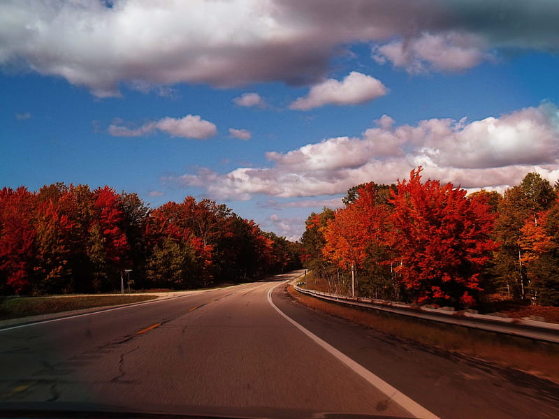 Fall Road Trip, fall, roadtrip, Aututmn, road, trees, clouds, fall colors, HD wallpaper