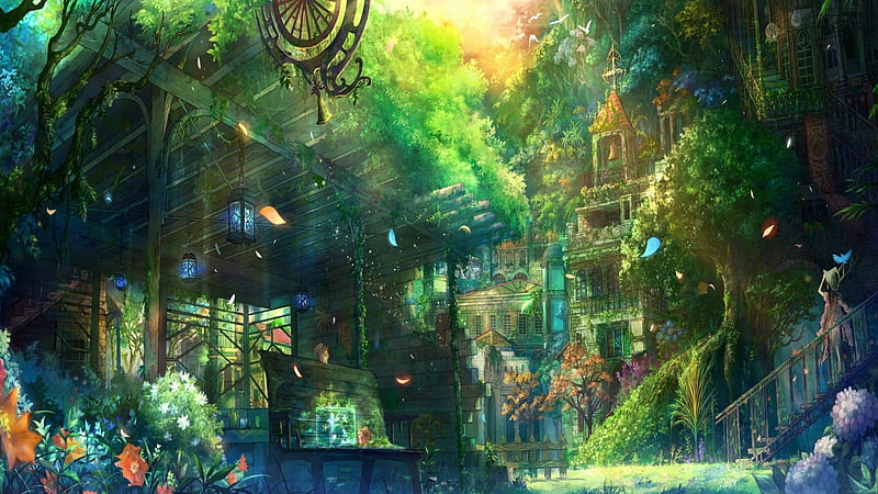 Girl Buildings Green Trees Plants House Sunrays Anime Background Anime  Background, HD wallpaper | Peakpx