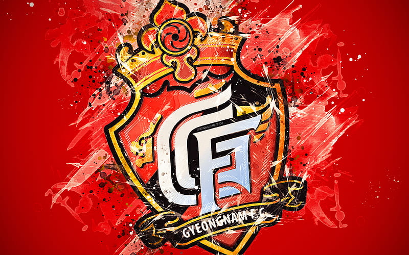 Gyeongnam FC paint art, logo, creative, South Korean football team, K League 1, emblem, red background, grunge style, Changwon, South Korea, football, HD wallpaper