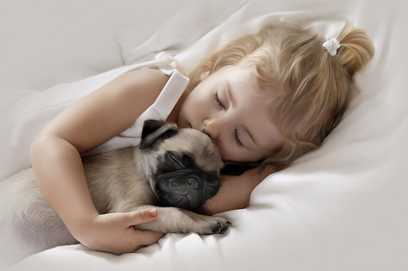 Adorable Little Girl Sleeping with Pug Puppy, little-girl, child, cute, pug, sleeping, love, dog, artist, HD wallpaper