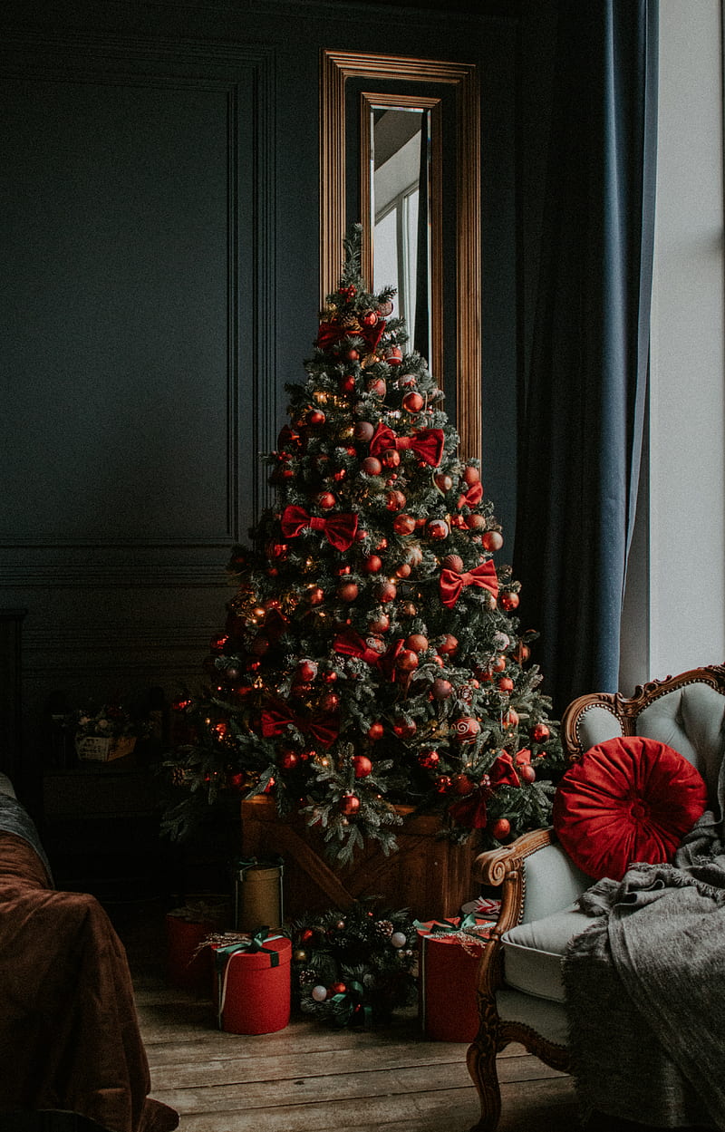 green christmas tree with red baubles, HD phone wallpaper