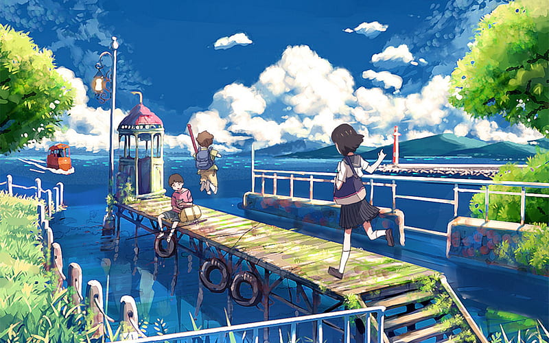 Random Anime Children, boy, group, girl, anime, sea, HD wallpaper