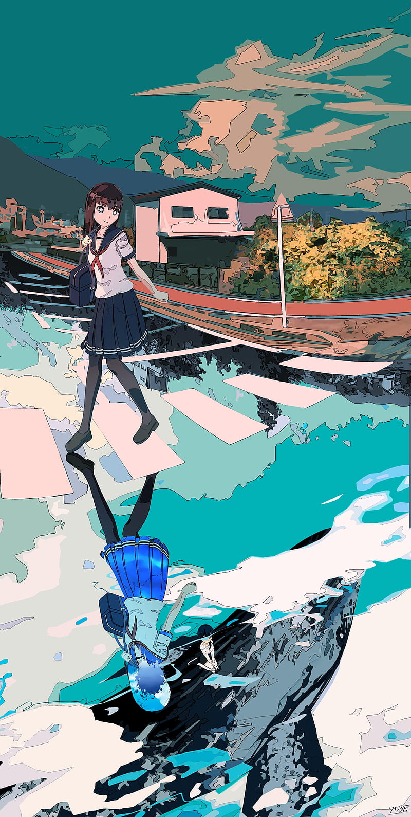 Girl, schoolgirl, road, reflection, anime, art, HD phone wallpaper | Peakpx