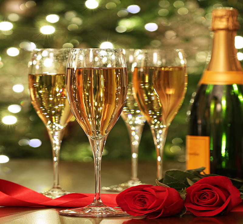 Roses And Champagne, red roses, red, pretty, rose, bottle, glasses, bonito, magic, xmas, lights, graphy, magic christmas, flowers, beauty, reflection, lovely, romantic, romance, holiday, christmas, wine, colors, new year, happy new year, roses, glass, merry christmas, nature, champagne, HD wallpaper