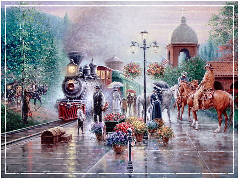 Early Western Train Station F5mp, art, jack terry, terry, artwork, floral, horses, ladies, passengers, painting, flower, train station, HD wallpaper