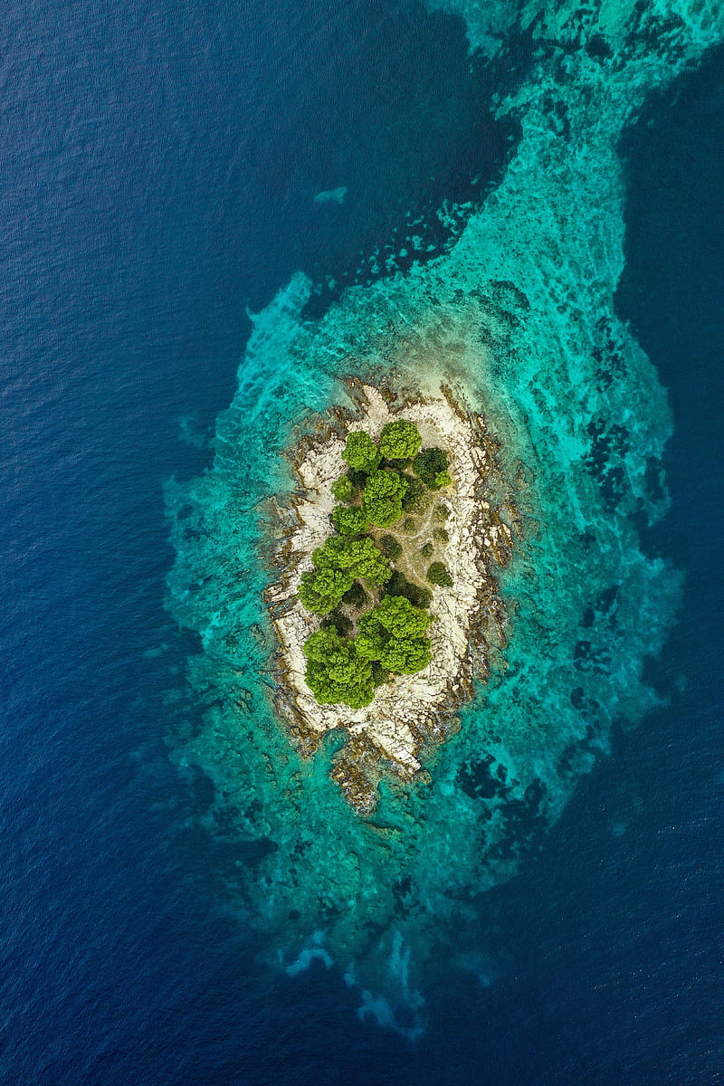 island, ocean, aerial view, water, trees, HD phone wallpaper