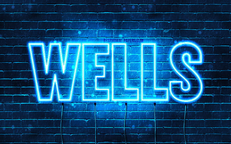 Wells with names, horizontal text, Wells name, Happy Birtay Wells, blue neon lights, with Wells name, HD wallpaper