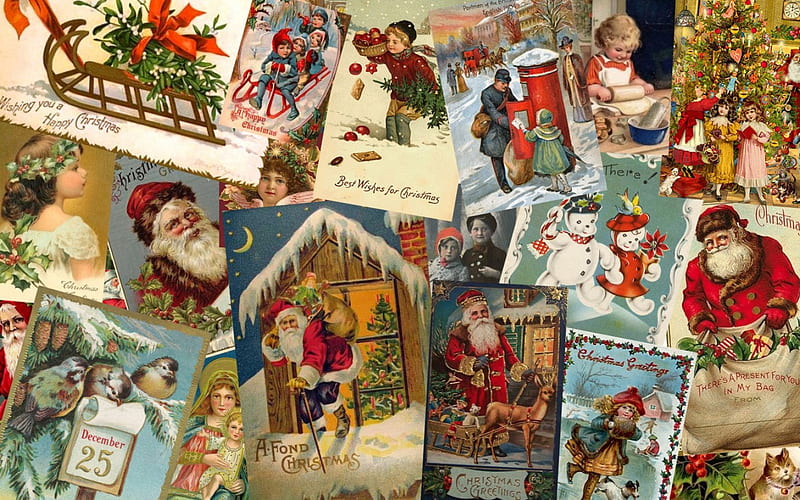 Victorian Christmas Collage, sleigh, christmas, holiday, victorian, vintage christmas, snowman, sleigh ride, xmas, santa claus, winter, victorian christmas, nostalgic, santa, festive, vintage, HD wallpaper