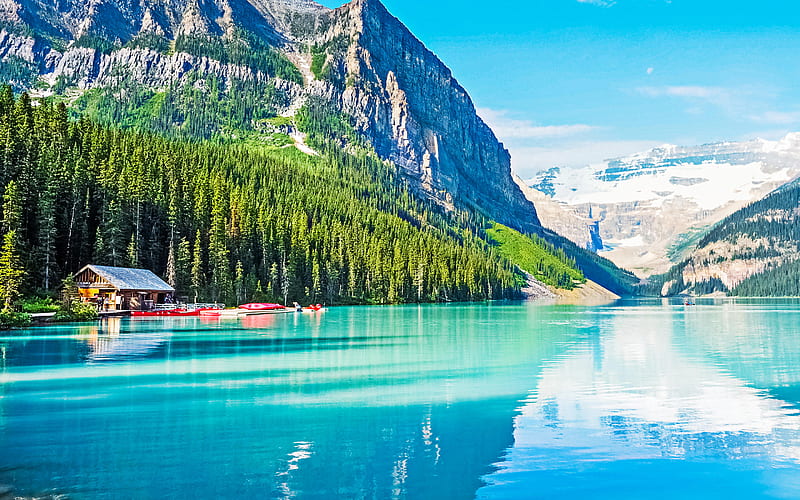 Lake Louise, morning, mountain lake, rocks, mountain landscape, glacial lake, Banff National Park, Alberta, Canada, HD wallpaper