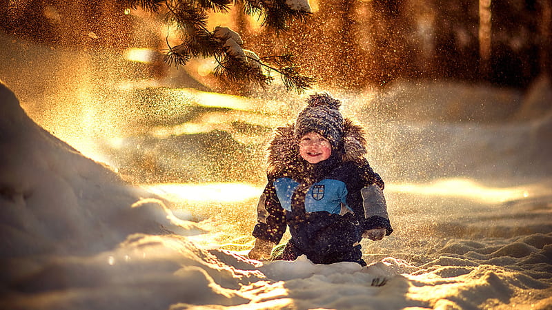 Delightful Baby With Hat Is On Snow Falling Cute, HD wallpaper