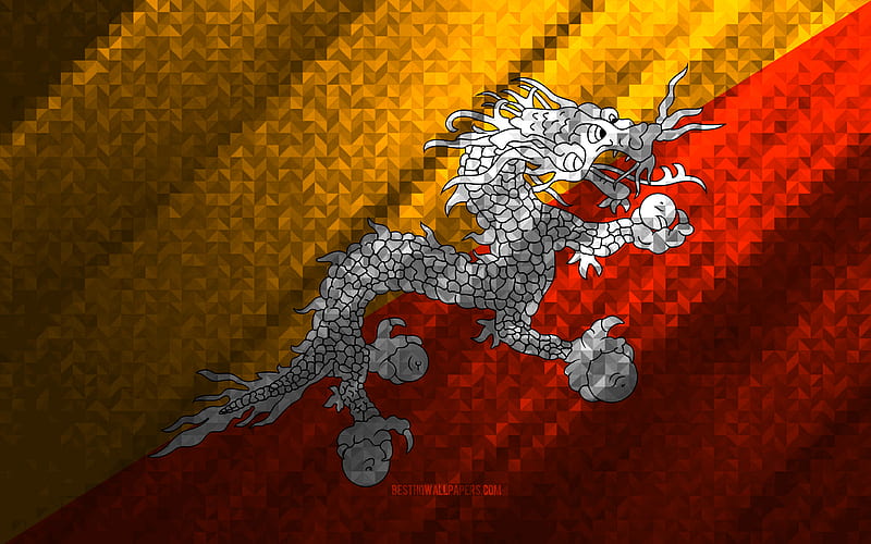 Flag of Bhutan вв, multicolored abstraction, Bhutan вв mosaic flag, Bhutan вв, mosaic art, Bhutan вв flag, HD wallpaper