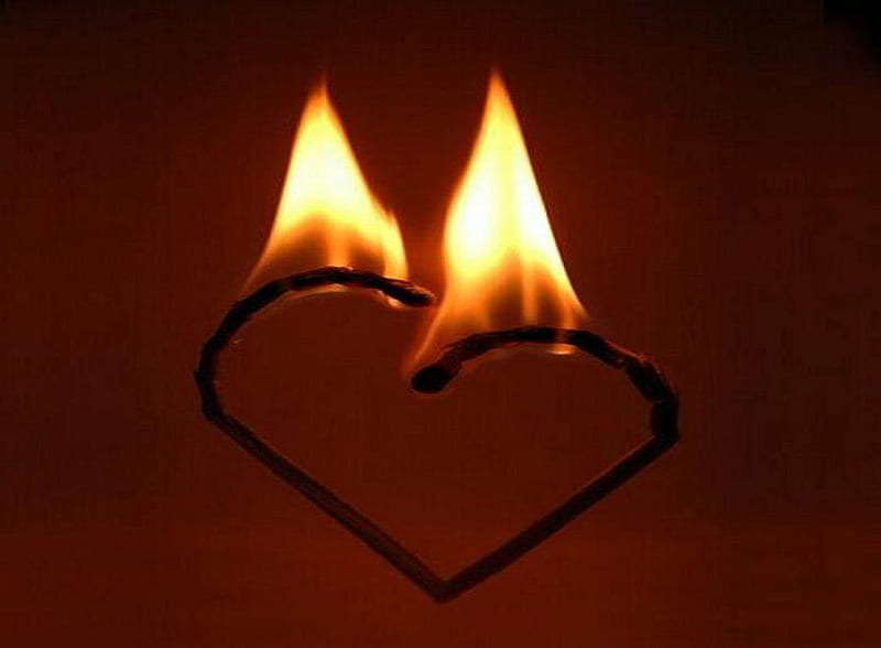 Burning Love, heart shape, flames, burning, red background, matches, HD wallpaper