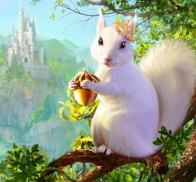 The Squirrel Princess, tree, squirrel, crown, bonito, nut, white, castle, HD wallpaper