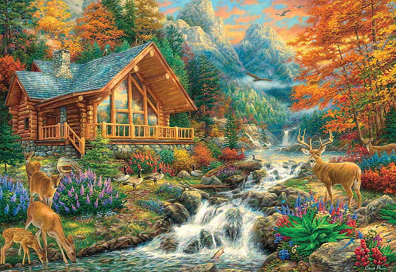 Alpine Serenity, mountains, painting, cabin, creek, trees, deer, animals, artwork, HD wallpaper