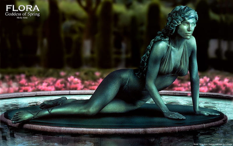 Flora Goddess of Spring, fountain, green, statue, model, mythological, flowers, bonito, living, HD wallpaper