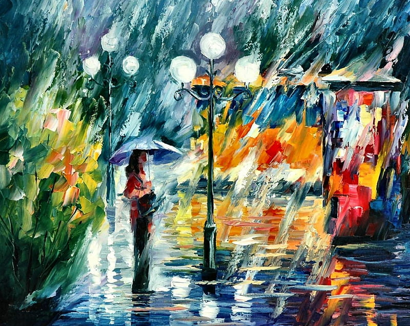 Night Trolley F, art, painting, wide screen, trolley, bonito, rain, abstract, artwork, HD wallpaper
