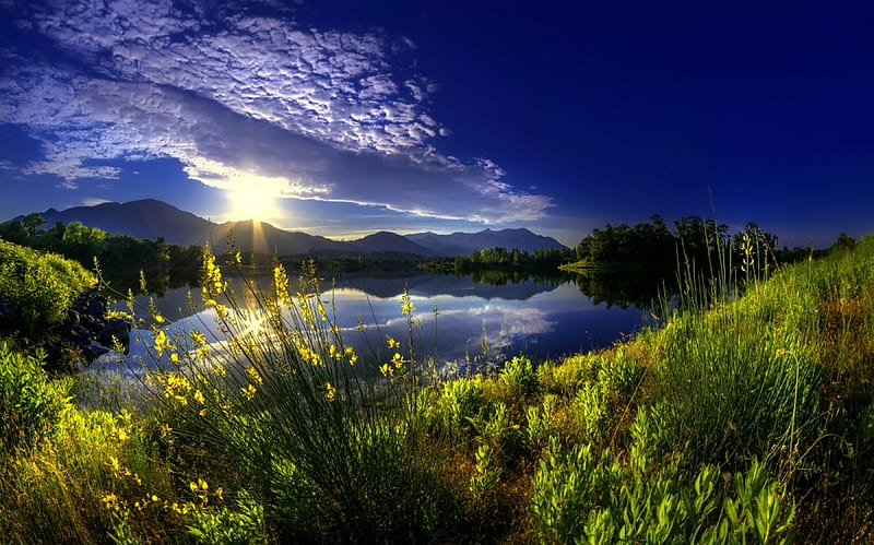 Alistro river-Corsica, Corsica, riverbank, shore, dawn, glow, grass, France, bonito, sky, clouds, rays, wildflowers, river, sunrise, HD wallpaper
