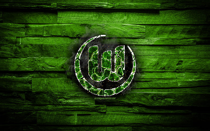 Wolfsburg FC, fiery logo, Bundesliga, green wooden background, german football club, grunge, VfL Wolfsburg, football, soccer, Wolfsburg logo, fire texture, Germany, HD wallpaper