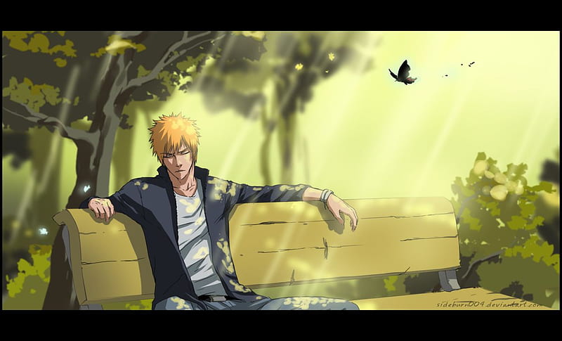 In Times of Peace, bleach, shirt, ichigo, trees, ichigo kurosaki, kurosaki ichigo, butterfly, jeans, jacket, belt, anime, sun rays, orange hair, HD wallpaper