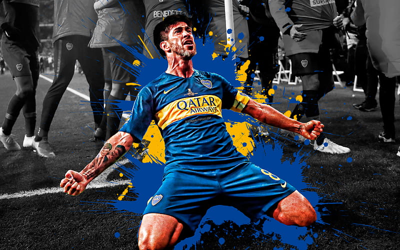 Pablo Perez Argentinian football player, Boca Juniors, Midfielder, blue yellow paint splashes, creative art, Argentina, football, HD wallpaper