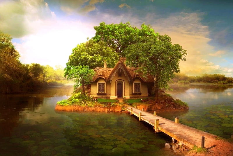 Little House, houses, love four seasons, attractions in dreams, creative pre-made, digital art, trees, fantasy, manipulation, landscapes, island, HD wallpaper